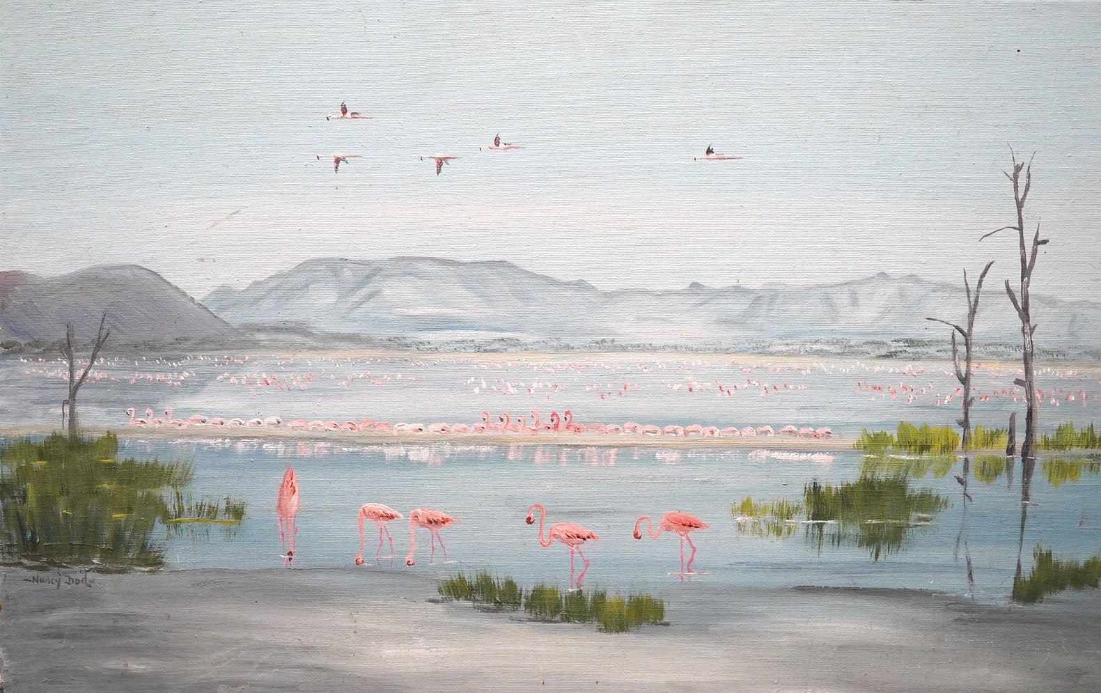 Nancy Dod, oil on canvas board, Mountainous lakeside landscape with flamingos, 33 x 51cm. Condition - fair, would benefit from a clean